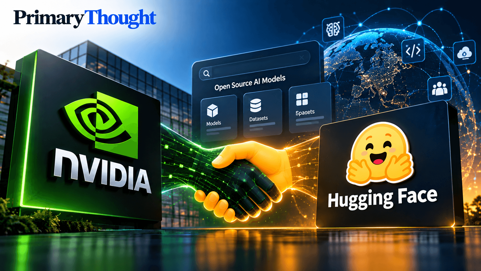 Nvidia and Hugging Face illustration representing Nvidia's $12.9 billion acquisition of the AI platform