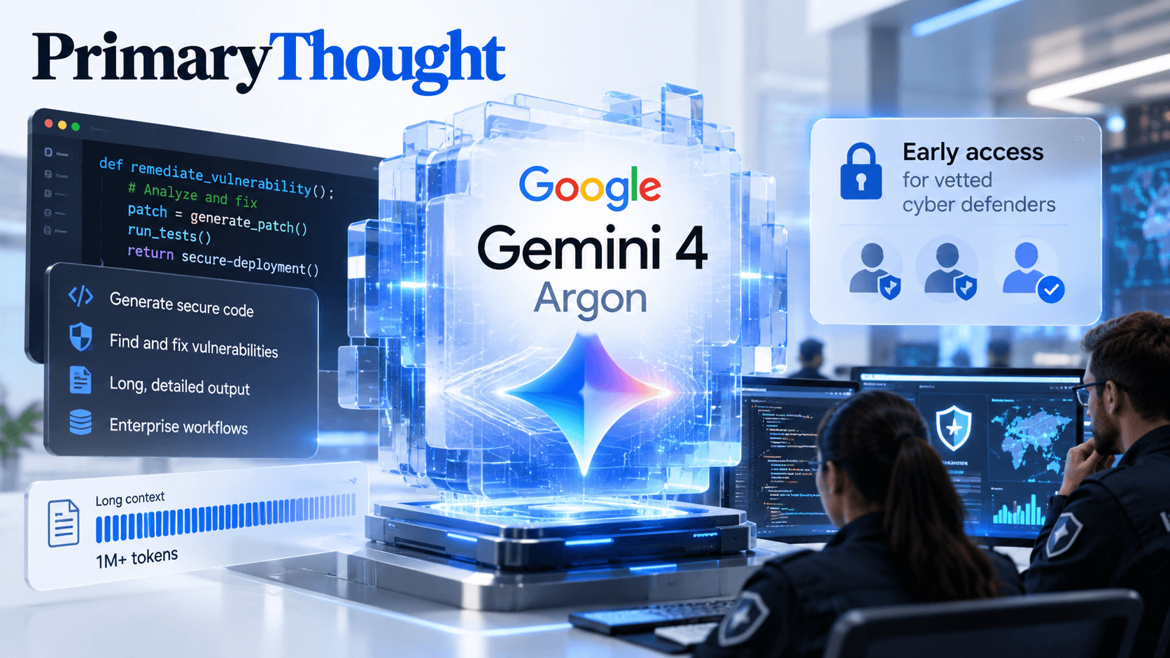 Google Gemini 4 Argon shown with cybersecurity tools, secure coding, 1M-token output capacity and early access for vetted cyber defenders.