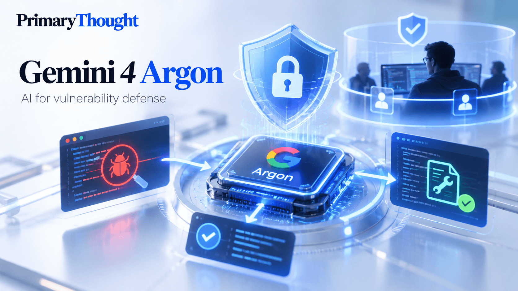 Google Gemini 4 Argon AI cybersecurity model illustration showing vulnerability detection, automated code patching, security protection and restricted access for trusted cyber defenders.