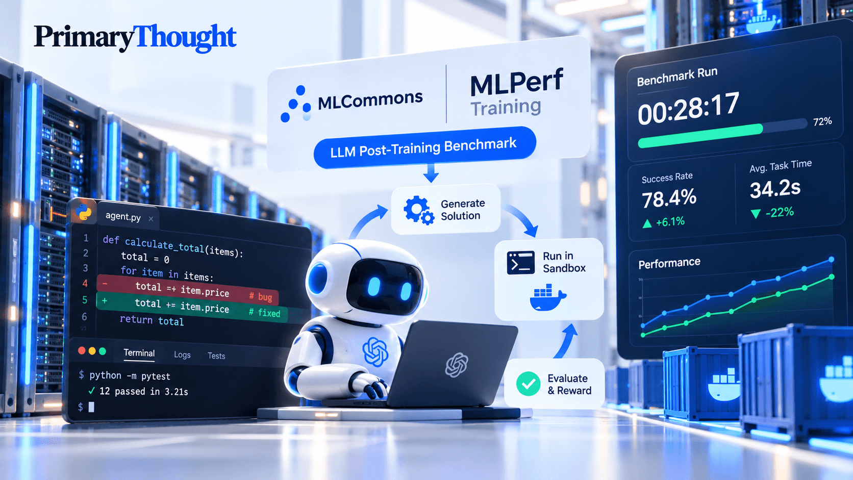 MLCommons MLPerf Training benchmark for LLM post-training showing coding agents, sandbox execution, reinforcement learning workflow, GPU infrastructure and benchmark performance tracking.