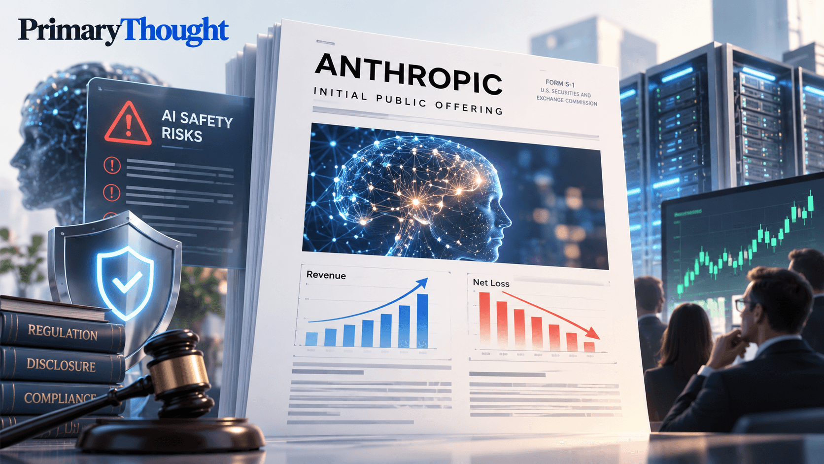 Anthropic IPO filing shown with AI safety risk warnings, revenue and loss charts, regulatory compliance symbols, data-center infrastructure and investor scrutiny.