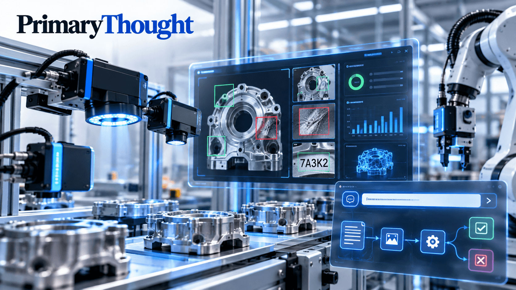 AI-powered machine vision system with industrial cameras, robotic inspection, and defect detection software, highlighting automation trends at VISION 2026.