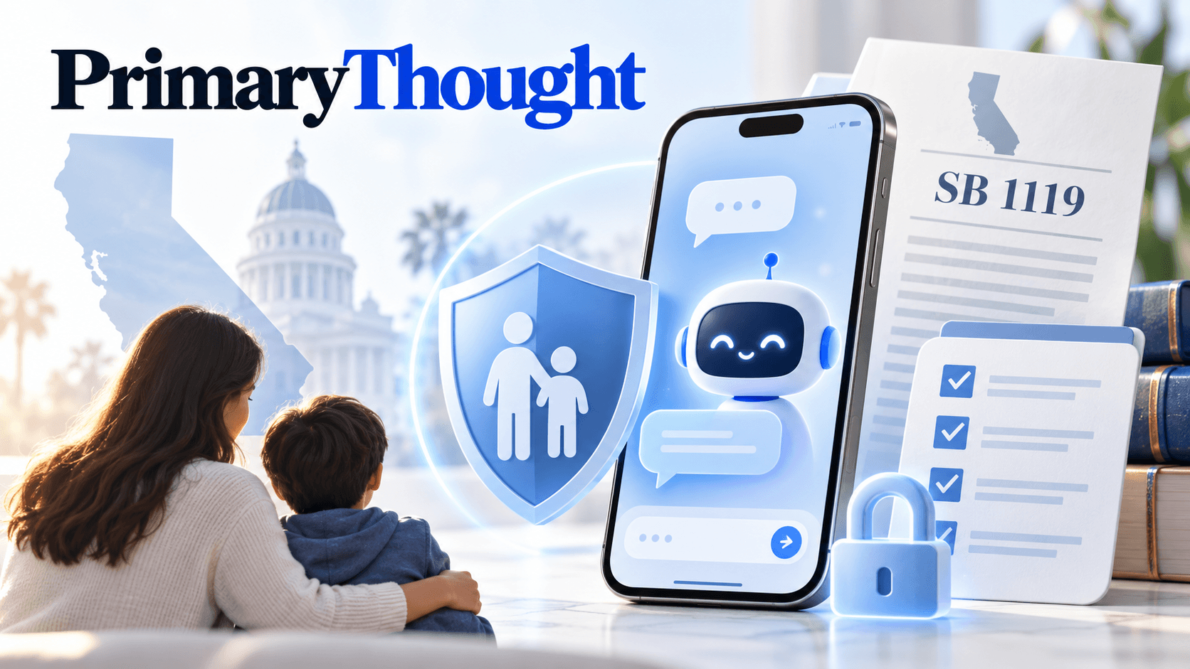 California SB 1119 AI companion chatbot safety law illustrated with a parent and child, chatbot interface, parental controls, and child protection symbols.
