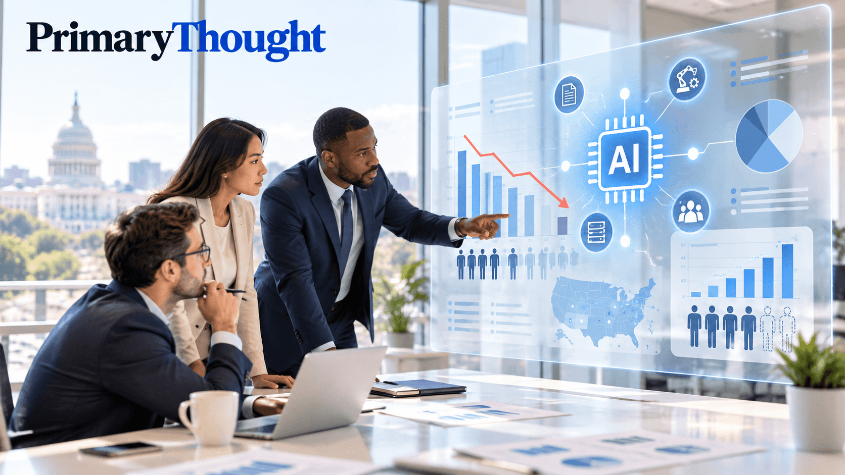 AI-related US job cuts in 2026 illustrated by business professionals reviewing workforce trends, layoff statistics, and AI automation charts.