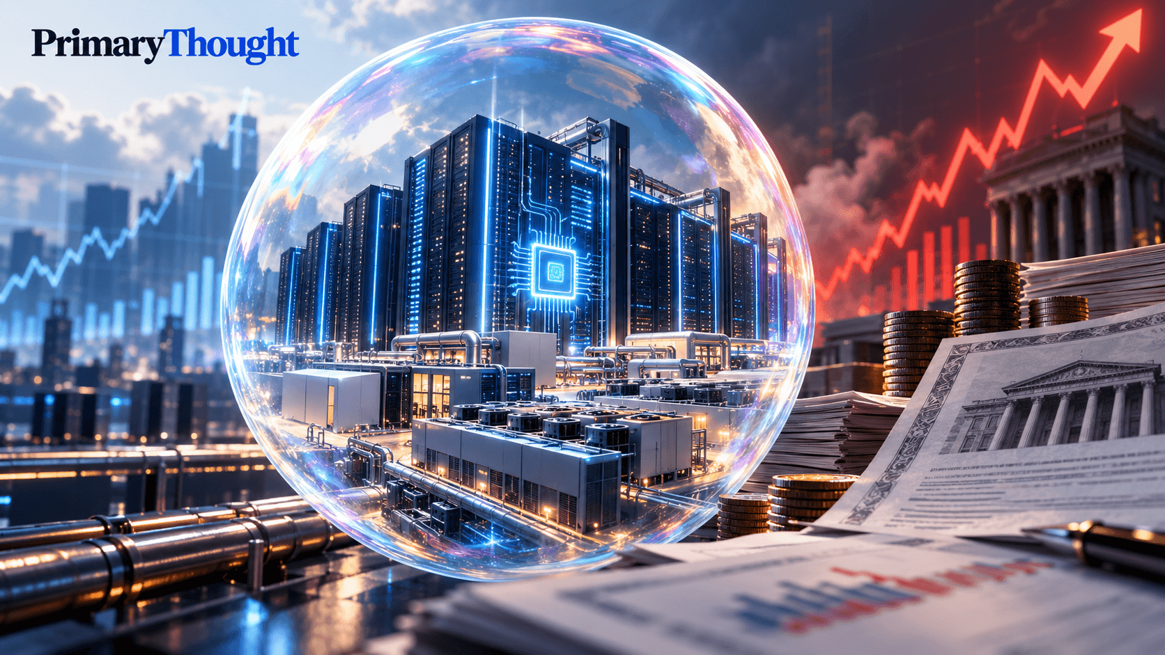 AI bubble illustration showing data centres surrounded by financial charts, rising interest rates and debt, highlighting concerns over AI investment and borrowing risks.