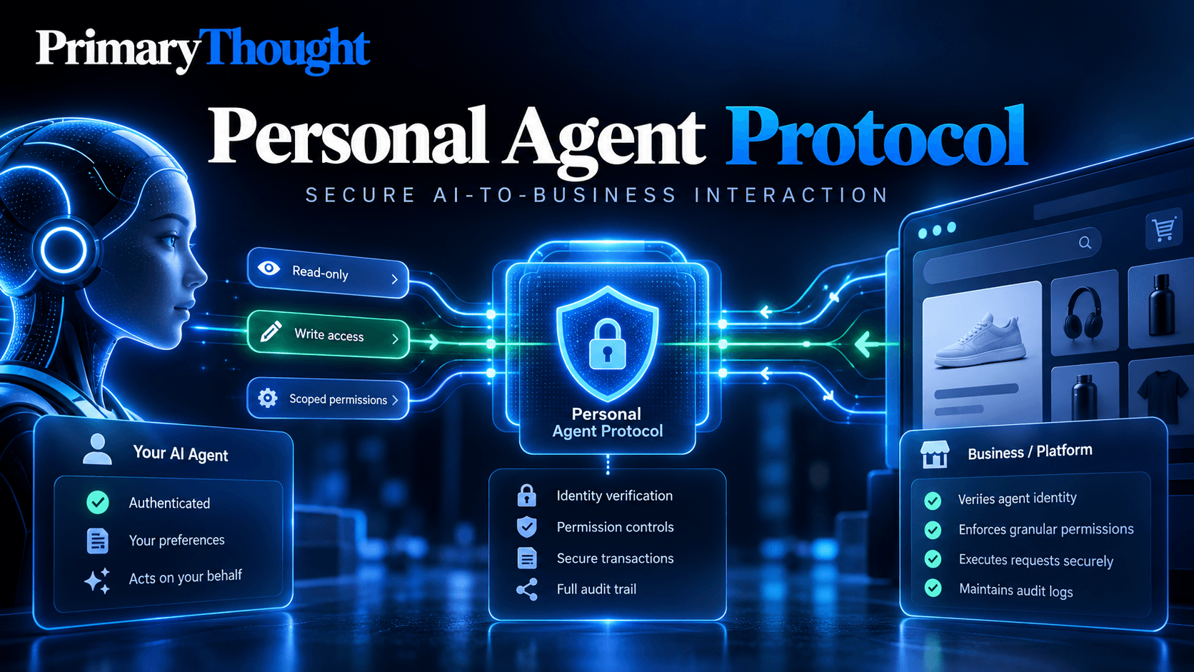 Personal Agent Protocol by Meta and Sierra illustrating secure AI agent-to-business communication, identity verification, OAuth authentication, and permission controls.