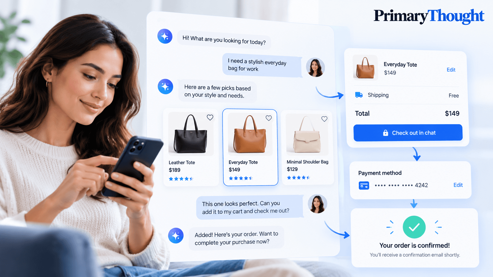 Constructor Agentic Checkout shows AI-powered product recommendations, in-chat shopping, and secure payments through Stripe without leaving the conversation.