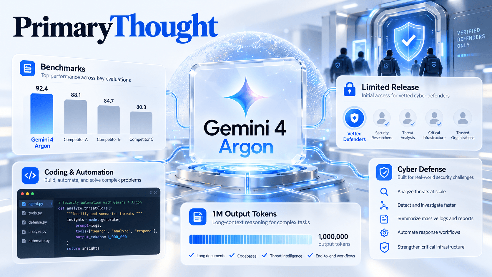 Google Gemini 4 Argon shown with benchmark comparisons, coding and automation tools, one-million-token output, cyber defense features and limited access for vetted defenders.