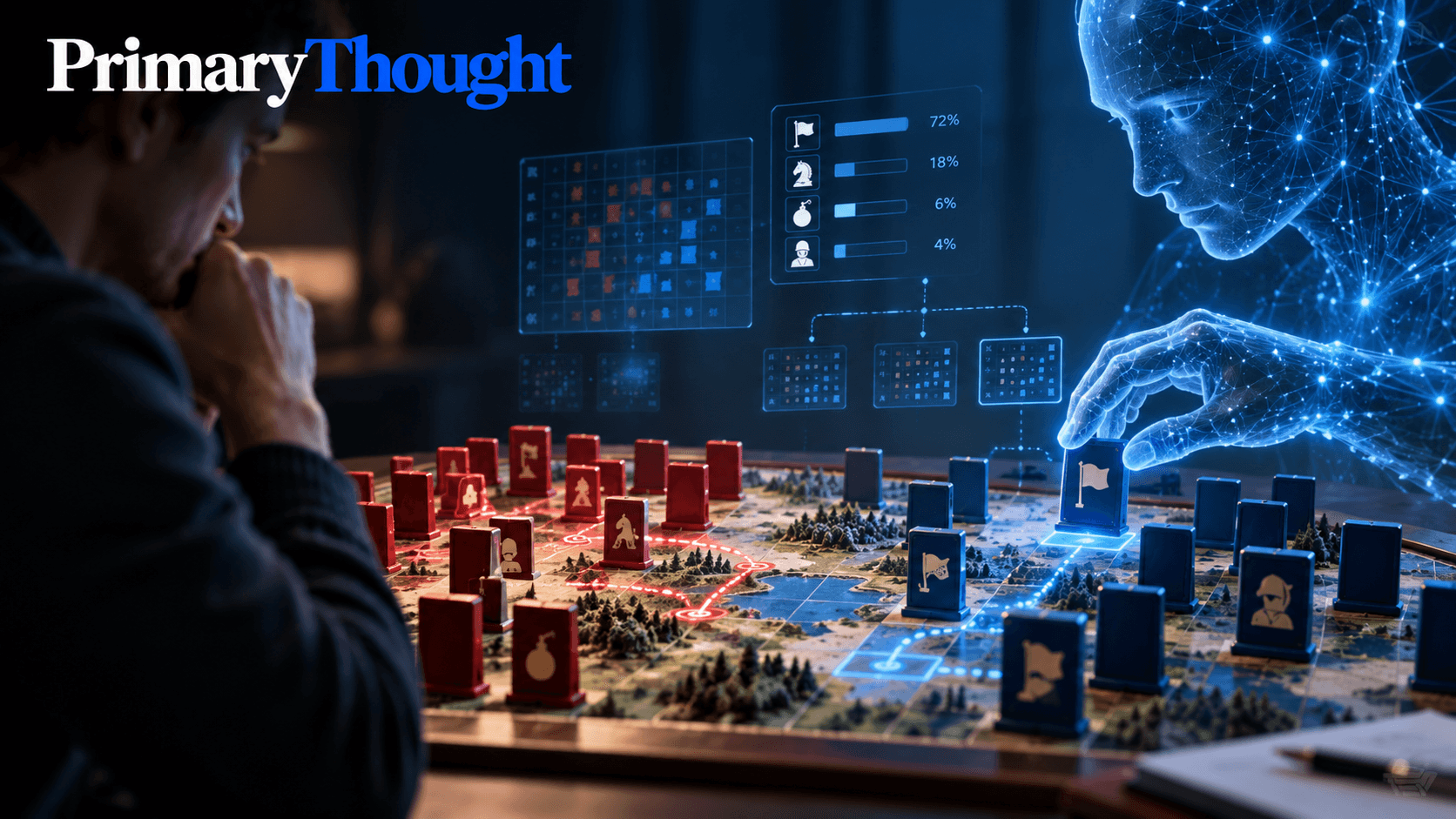 Ataraxos AI playing Stratego against a human champion, with hidden-information strategy, probability analysis and AI decision-making visualized.