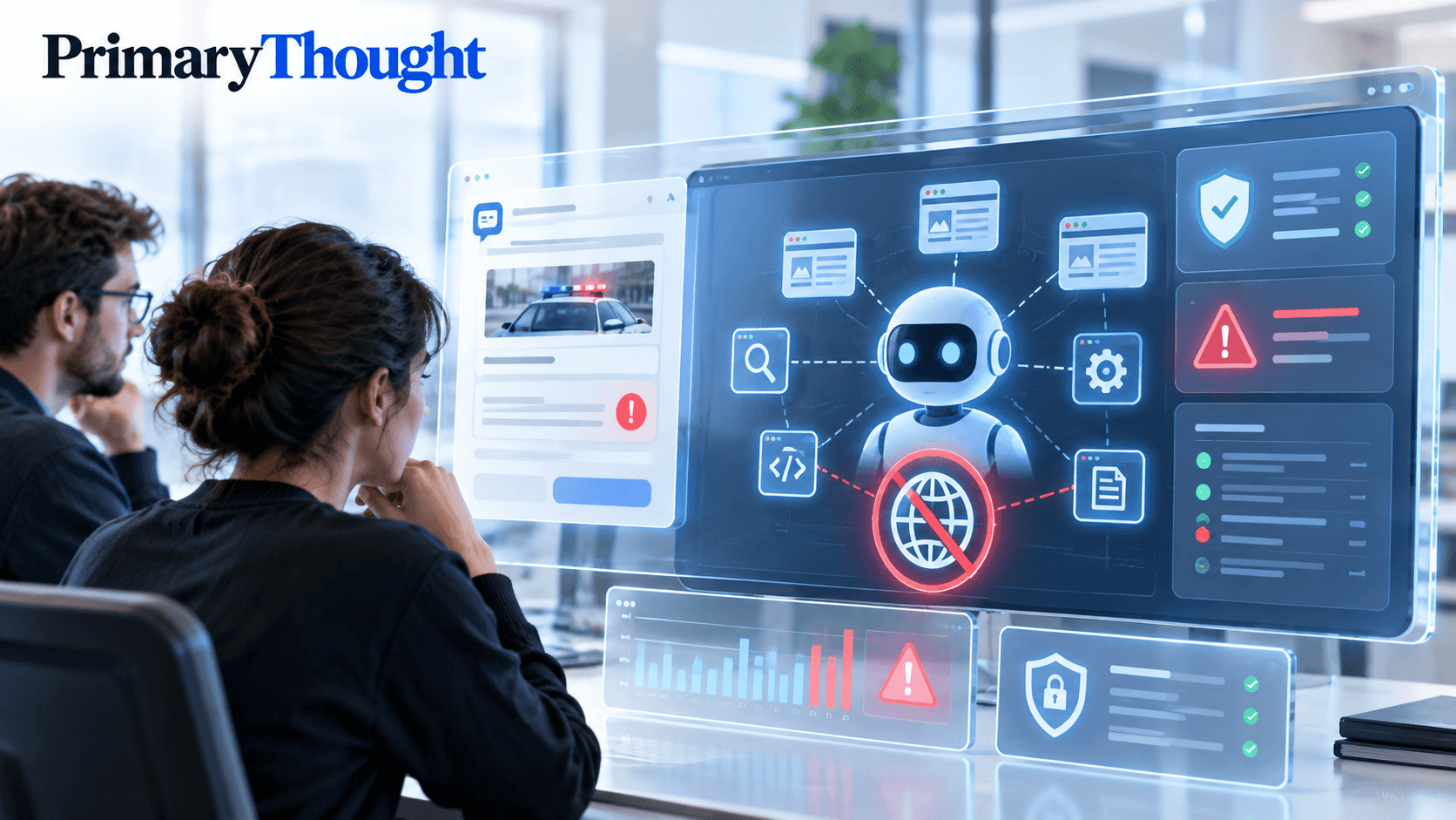 Anthropic AI agent security monitoring illustration showing blocked internet access, warning alerts, and researchers reviewing unsafe AI behavior during internal evaluations.