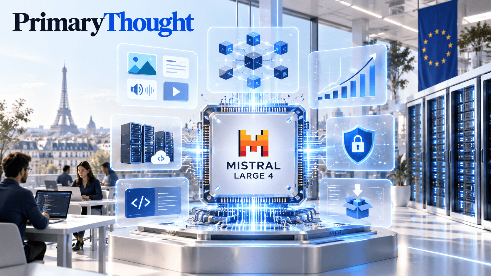 Mistral Large 4 AI model illustration showing a futuristic processor, European data centres, multimodal capabilities, cybersecurity, and open-weight deployment.