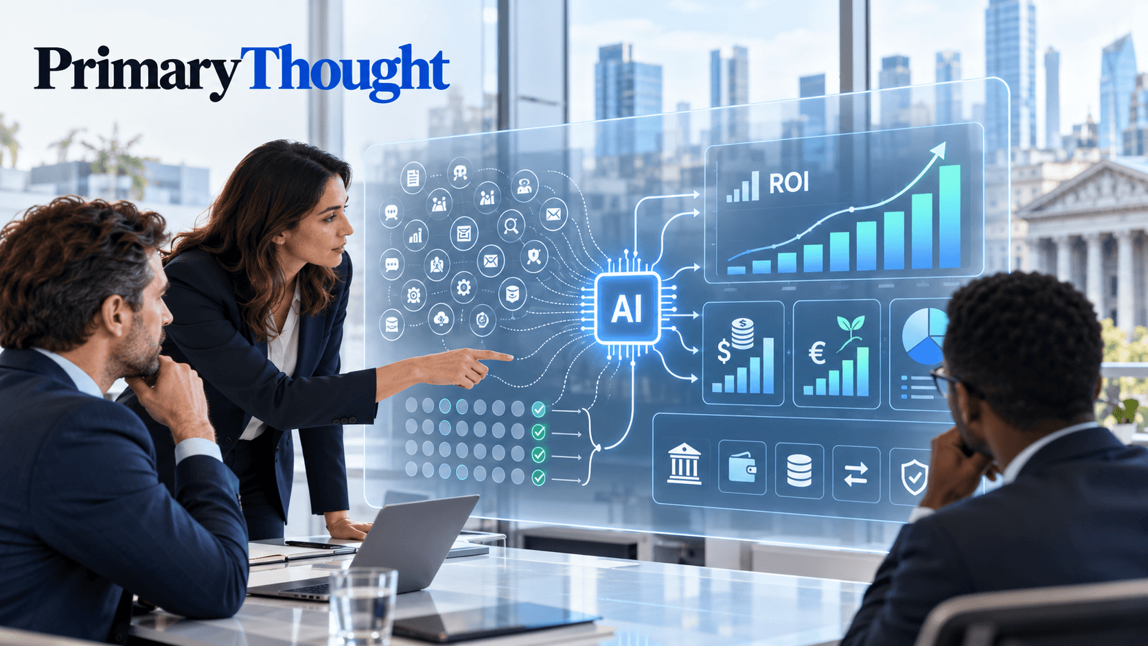 Banking executives reviewing AI return on investment (ROI), cost savings, and financial performance charts, highlighting how major banks measure AI-driven value.