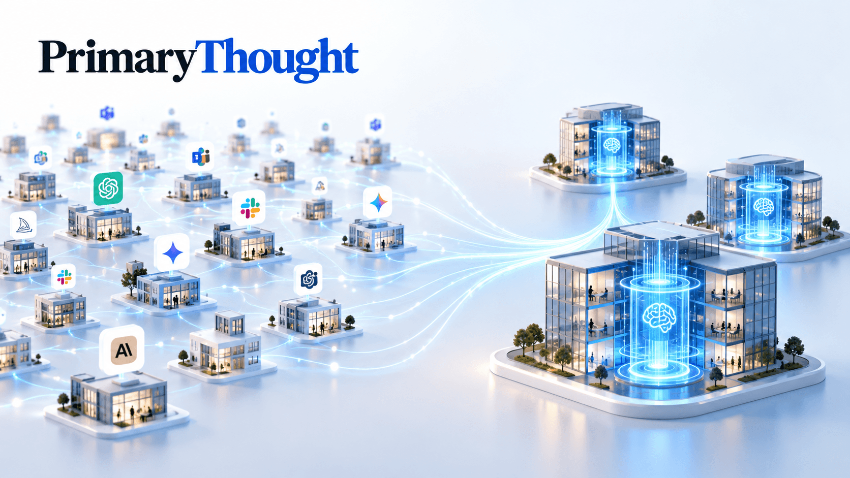 AI adoption across businesses illustrated as many connected companies using AI tools, with only a few larger hubs showing deep enterprise integration.