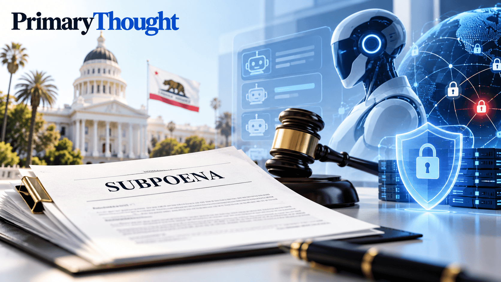 California AG subpoena of OpenAI over AI agent cybersecurity incidents, shown with legal documents, AI systems, network security and regulatory oversight.