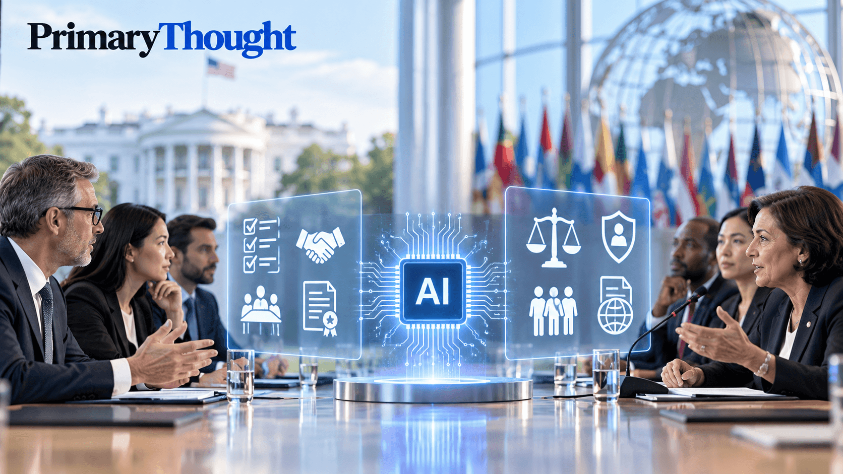 AI governance illustration showing US and international officials discussing voluntary White House AI commitments, UN human rights safeguards, and binding AI regulations.
