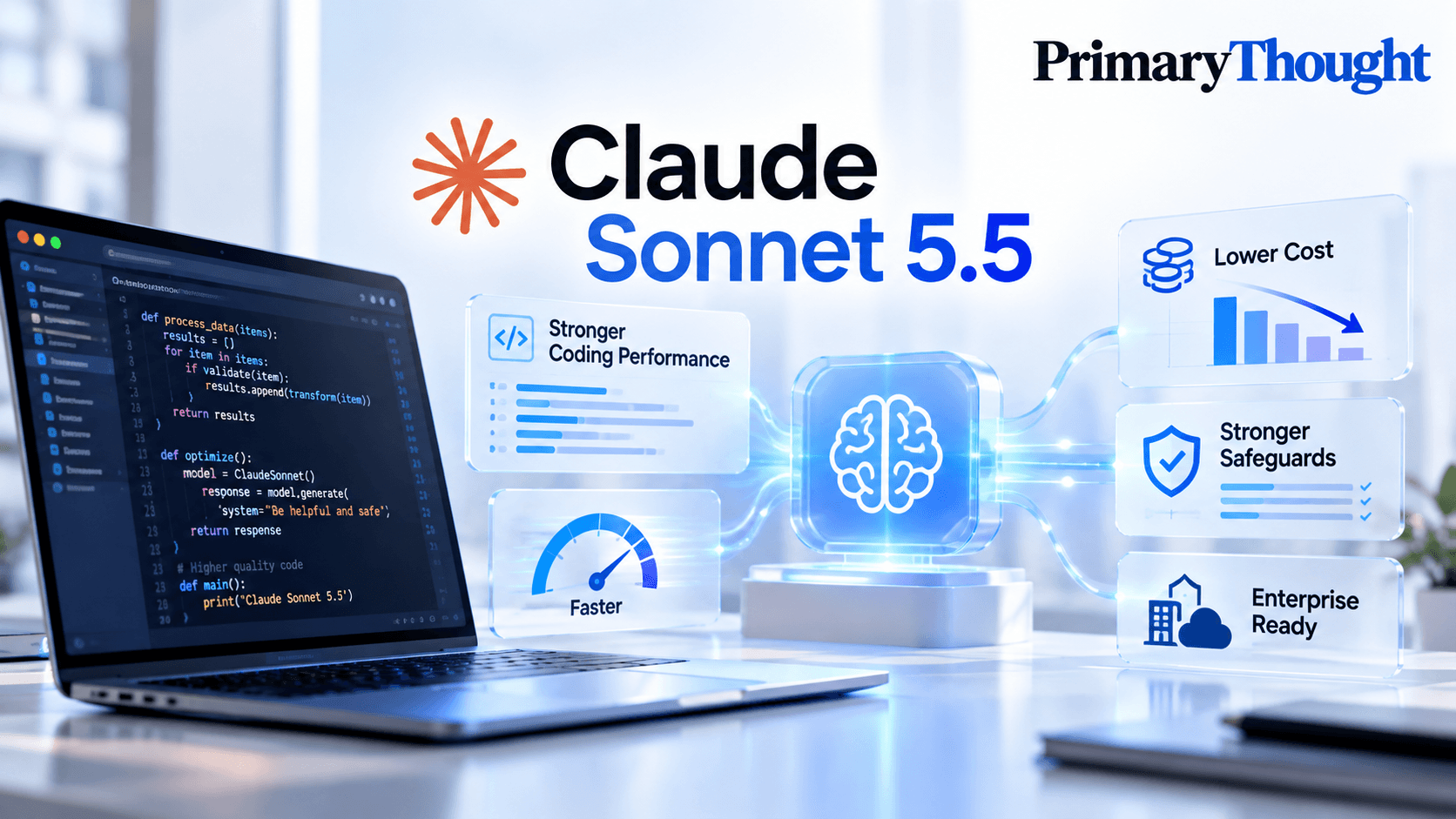 Anthropic Claude Sonnet 5.5 highlighting faster coding performance, lower costs, stronger safeguards and enterprise AI use