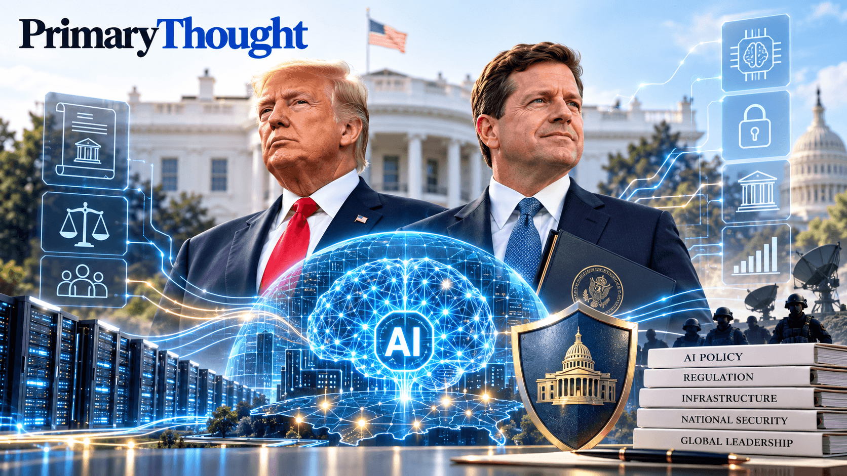 Donald Trump and Jay Clayton at the White House with AI policy, national security, regulation, data-center infrastructure and government oversight visuals.