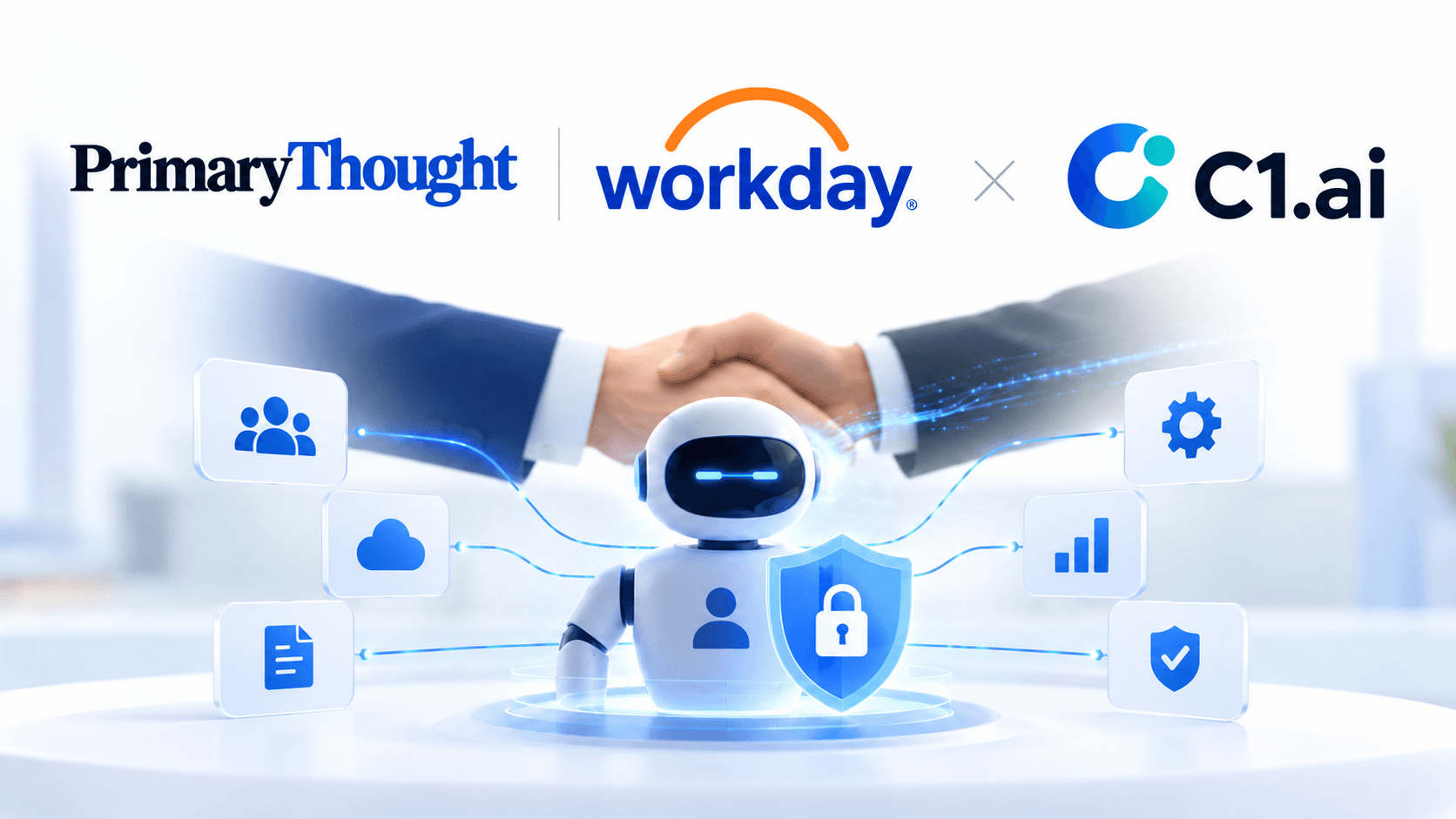 Workday and C1.ai acquisition illustration featuring an AI agent, digital security shield, and handshake symbolising enterprise AI identity governance and access control.