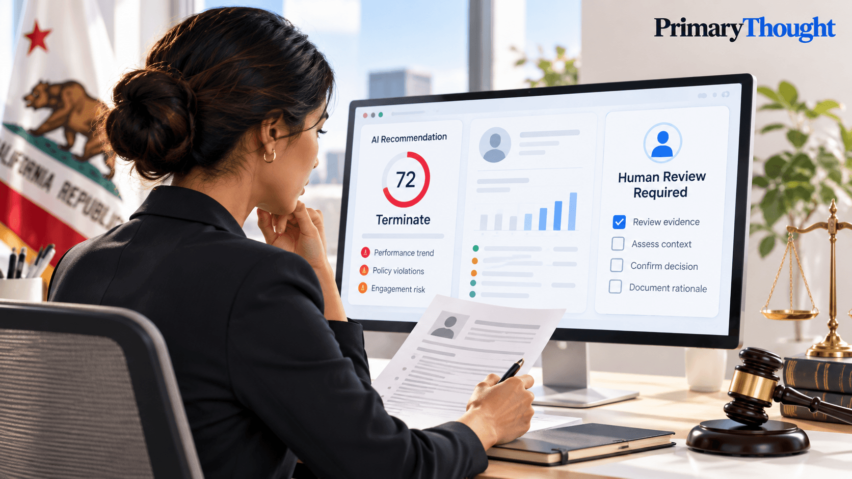 California No Robo Bosses Act requiring human review of AI-driven workplace discipline and firing decisions, with HR oversight and legal compliance.